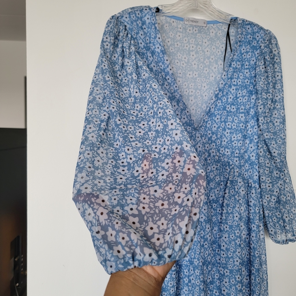 Vintage Y2K Parisian Cruise Wear Blue Floral Mesh Long Sleeve Mini Dress Large - Picture 7 of 9